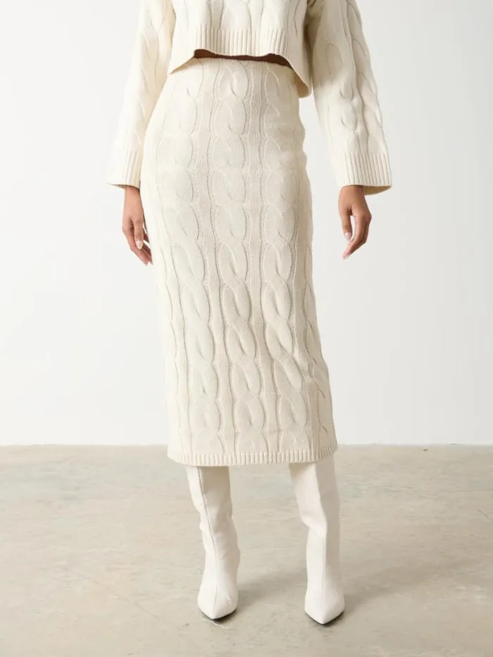 Pretty Lavish Bottoms Women Hunter Cable Knit Midaxi Skirt Cream