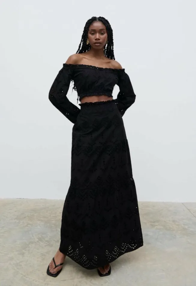 Pretty Lavish Bottoms Women Lilla Broderie Maxi Skirt Black