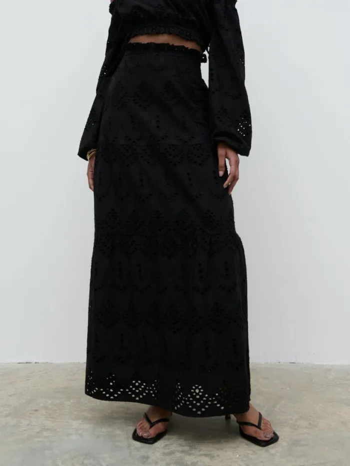 Pretty Lavish Bottoms Women Lilla Broderie Maxi Skirt Black