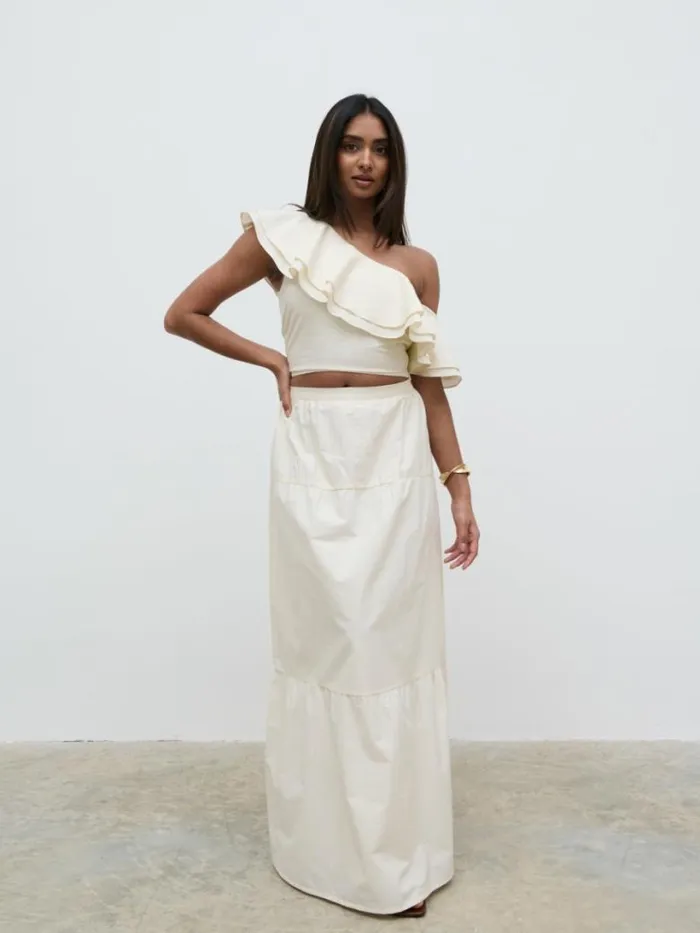 Pretty Lavish Bottoms Women Sol Ruffle Maxi Skirt Beige