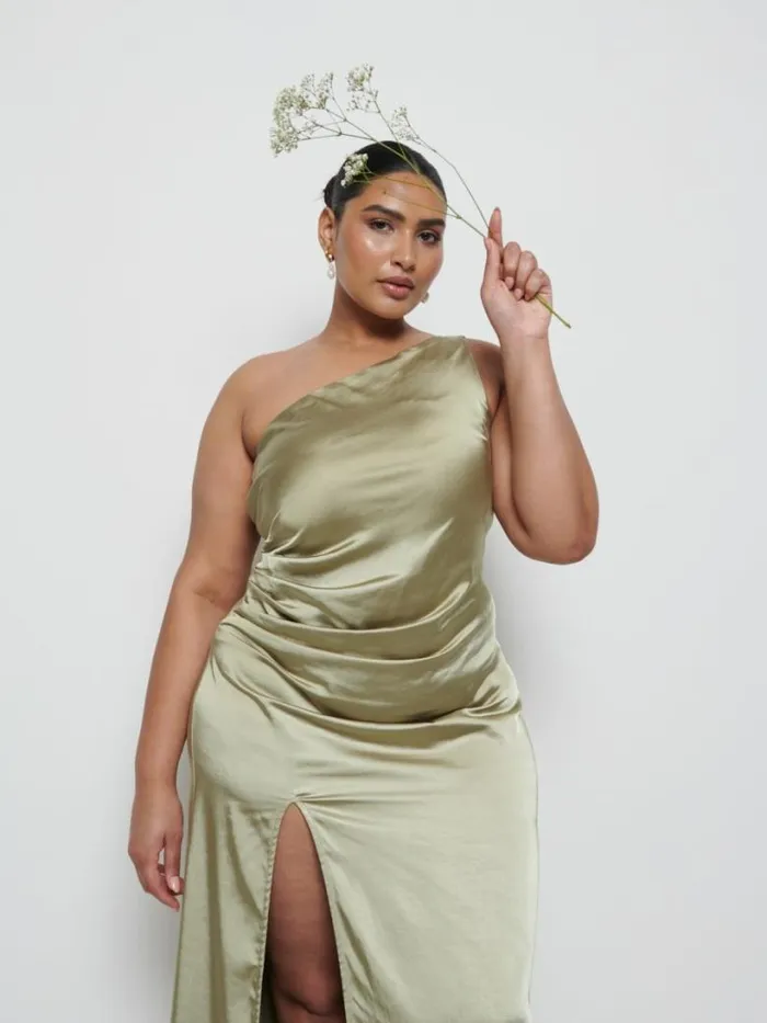 Pretty Lavish Bridesmaid Dresses Women Amelia Ruched Maxi Bridesmaid Dress Curve Olive