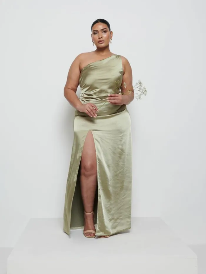 Pretty Lavish Bridesmaid Dresses Women Amelia Ruched Maxi Bridesmaid Dress Curve Olive