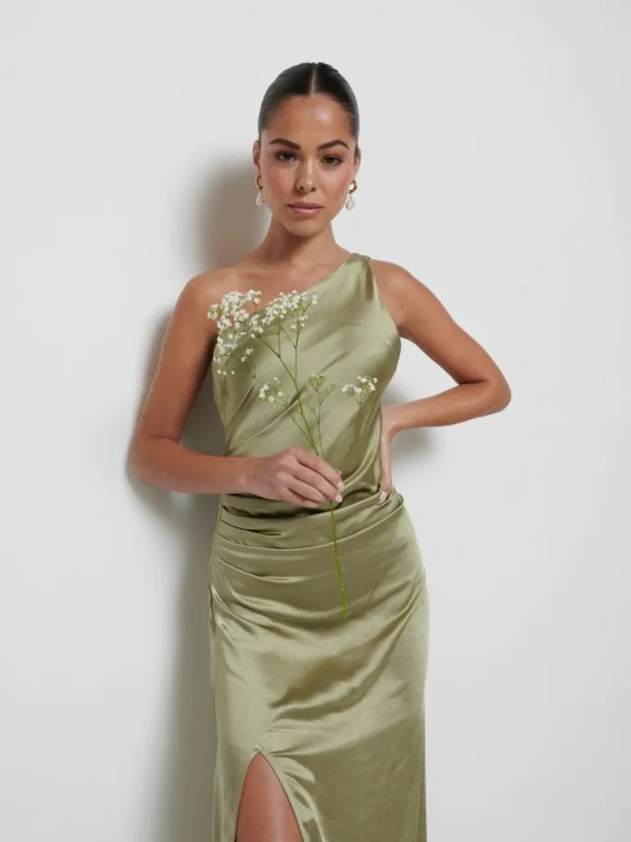 Pretty Lavish Bridesmaid Dresses Women Amelia Ruched Maxi Bridesmaid Dress Olive