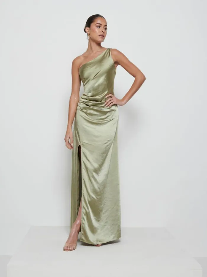 Pretty Lavish Bridesmaid Dresses Women Amelia Ruched Maxi Bridesmaid Dress Olive