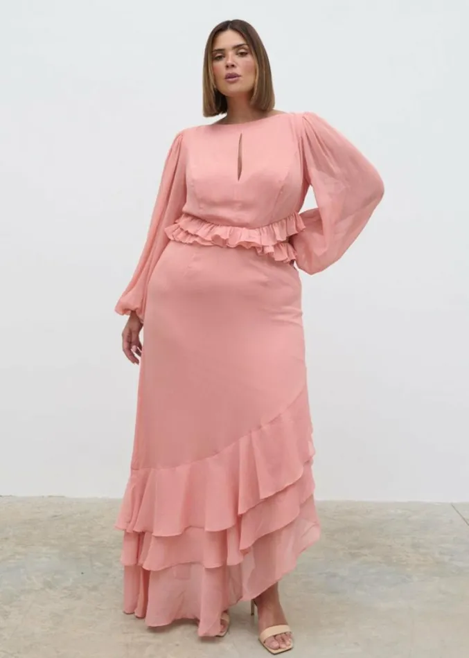 Pretty Lavish Curve Women Adelina Cut Out Ruffle Maxi Dress Curve Apricot Pink