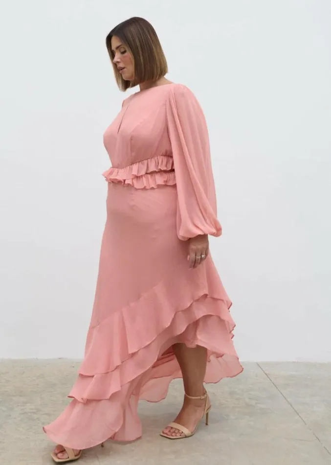 Pretty Lavish Curve Women Adelina Cut Out Ruffle Maxi Dress Curve Apricot Pink