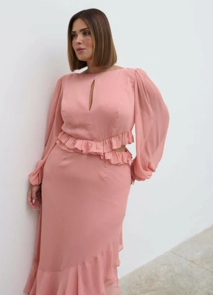 Pretty Lavish Curve Women Adelina Cut Out Ruffle Maxi Dress Curve Apricot Pink