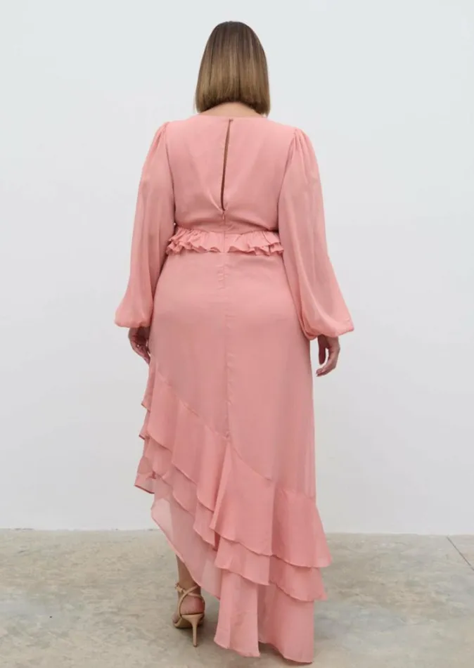 Pretty Lavish Curve Women Adelina Cut Out Ruffle Maxi Dress Curve Apricot Pink