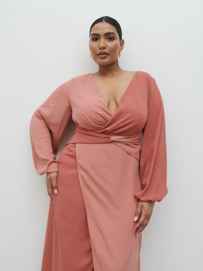 Pretty Lavish Curve Women Friena Knot Contrast Midaxi Dress Curve Terracotta And Dusky Rose