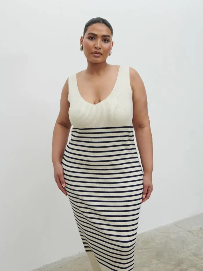 Pretty Lavish Curve Women Maria Stripe Knit Midaxi Dress Curve Cream And Navy Stripe