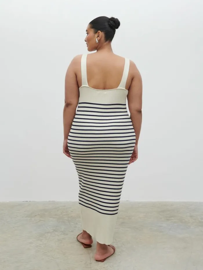 Pretty Lavish Curve Women Maria Stripe Knit Midaxi Dress Curve Cream And Navy Stripe