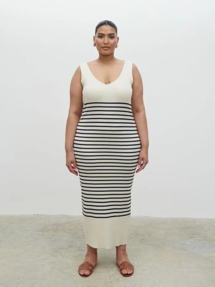 Pretty Lavish Curve Women Maria Stripe Knit Midaxi Dress Curve Cream And Navy Stripe