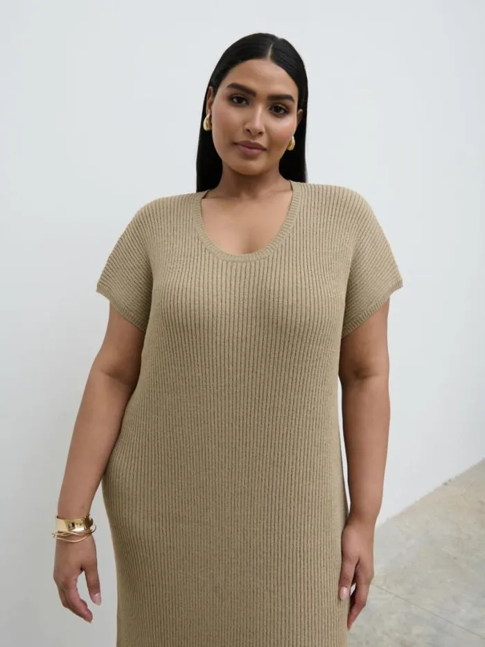 Pretty Lavish Curve Women Rose Knit Midaxi Dress Curve Beige