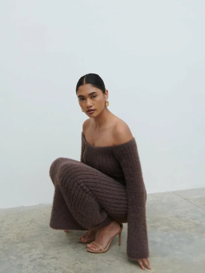 Pretty Lavish Dresses Women Alora Fluffy Knit Midaxi Dress Brown