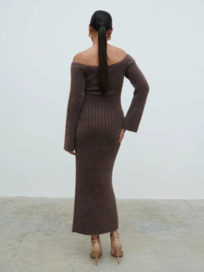 Pretty Lavish Dresses Women Alora Fluffy Knit Midaxi Dress Brown