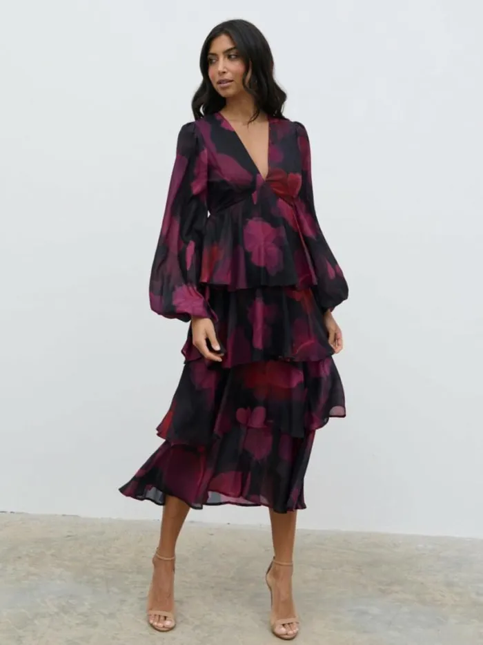 Pretty Lavish Dresses Women Ashton Ruffle Midi Dress Berry
