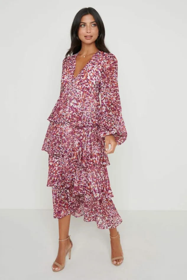 Pretty Lavish Dresses Women Ashton Ruffle Midi Dress Coral Abstract