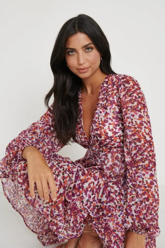 Pretty Lavish Dresses Women Ashton Ruffle Midi Dress Coral Abstract