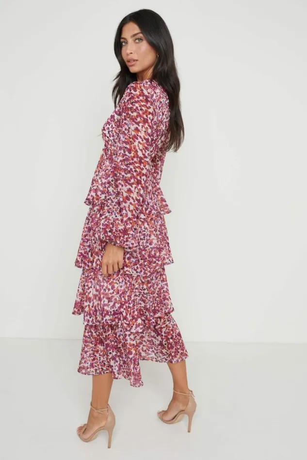 Pretty Lavish Dresses Women Ashton Ruffle Midi Dress Coral Abstract