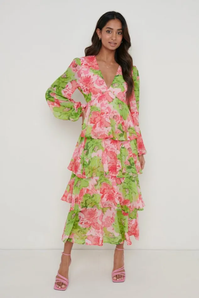 Pretty Lavish Dresses Women Ashton Ruffle Midi Dress Patchwork Floral