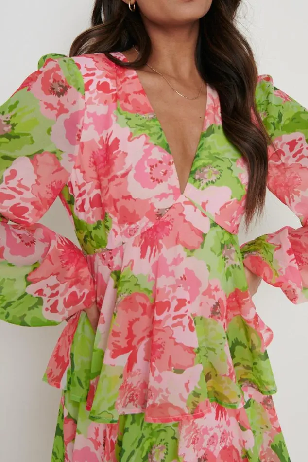 Pretty Lavish Dresses Women Ashton Ruffle Midi Dress Patchwork Floral