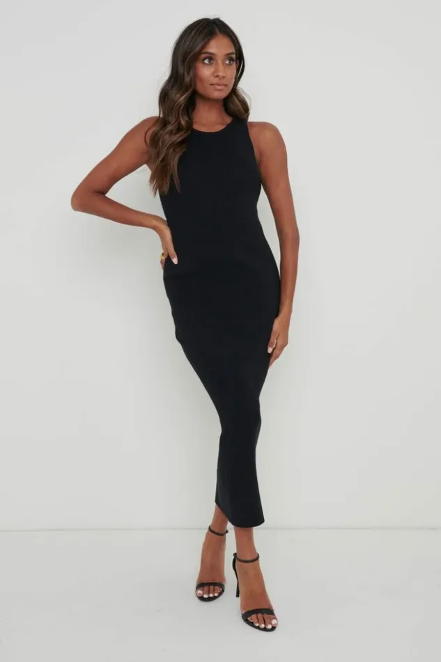 Pretty Lavish Dresses Women Billie Ribbed Racer Midi Dress Black