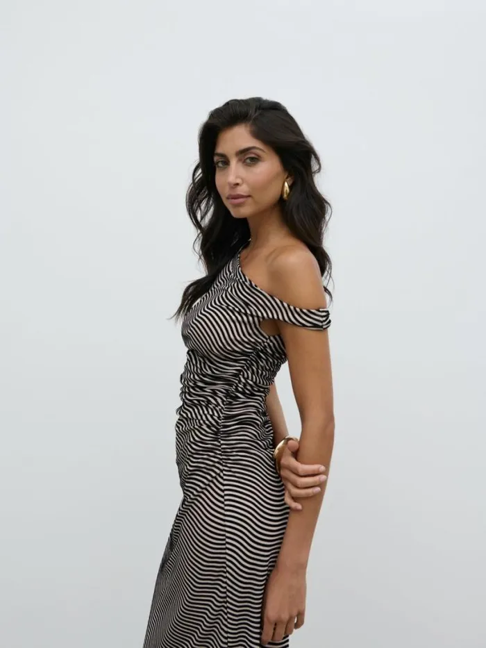 Pretty Lavish Dresses Women Carrie Asymmetric Knot Midaxi Dress Black And Stone Stripe