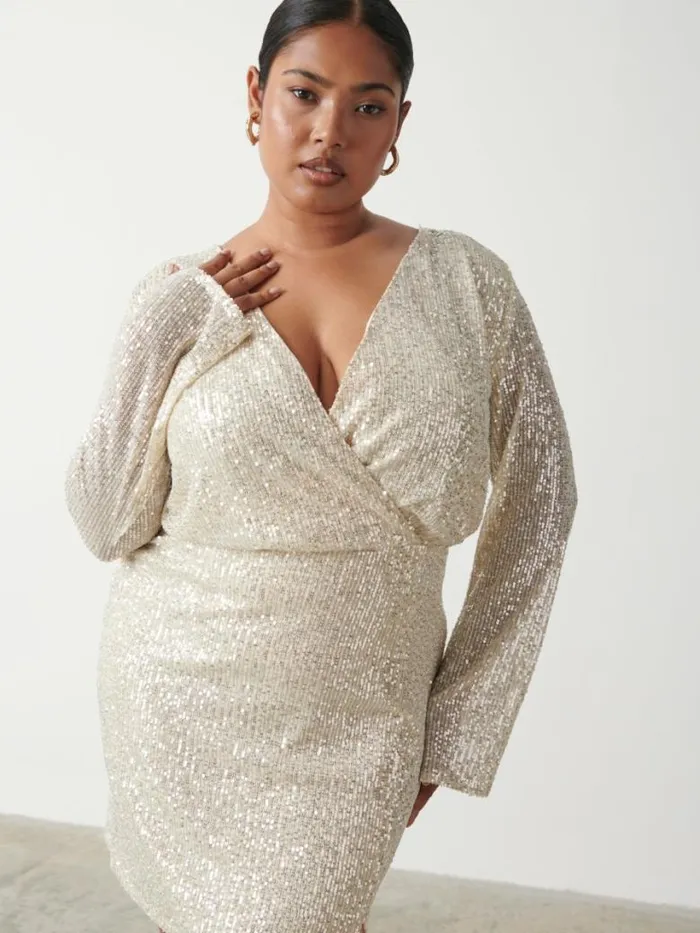 Pretty Lavish Dresses Women Dulcie Mini Wrap Sequin Dress Curve Silver