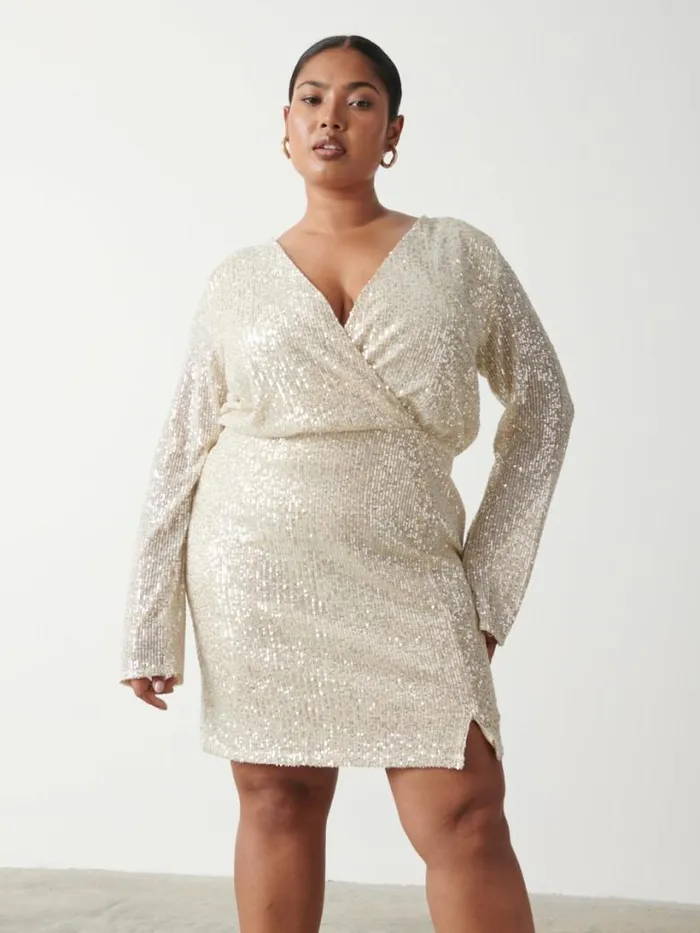 Pretty Lavish Dresses Women Dulcie Mini Wrap Sequin Dress Curve Silver