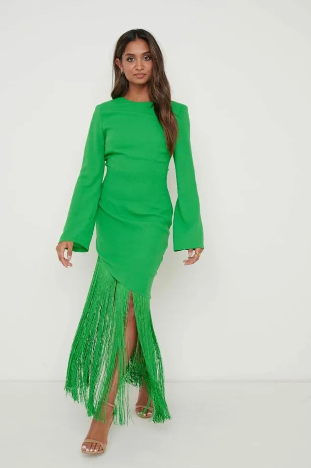 Pretty Lavish Dresses Women Francoise Fringed Maxi Dress Emerald