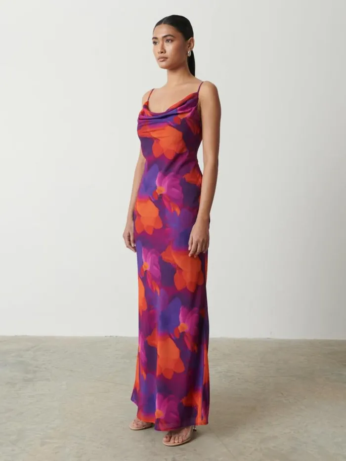 Pretty Lavish Dresses Women Keisha Printed Chiffon Maxi Dress Bright Iris Floral