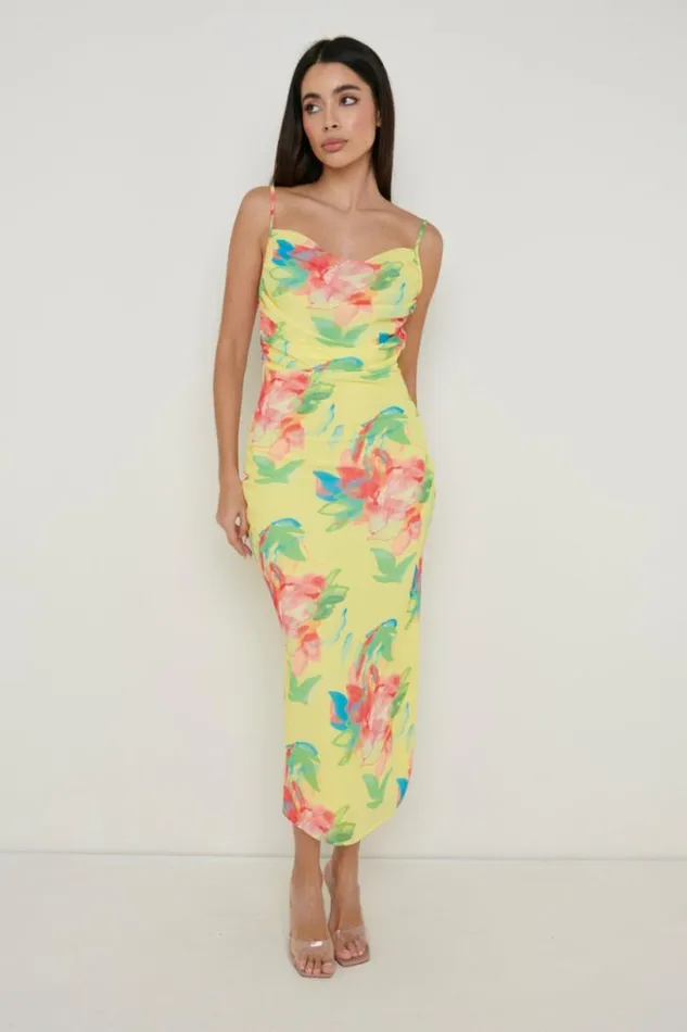 Pretty Lavish Dresses Women Keisha Ruched Midaxi Dress Lemon Abstract Floral