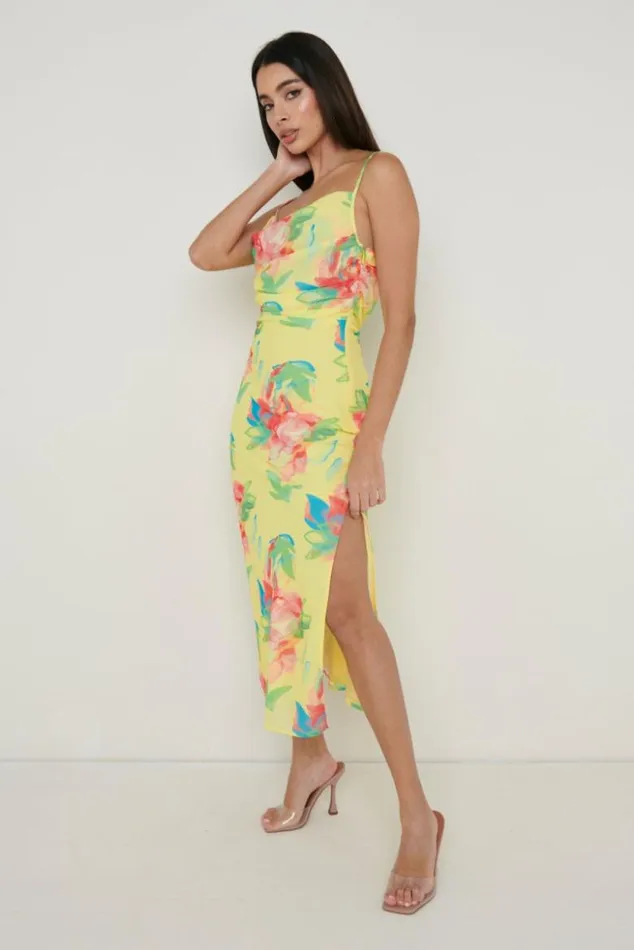Pretty Lavish Dresses Women Keisha Ruched Midaxi Dress Lemon Abstract Floral