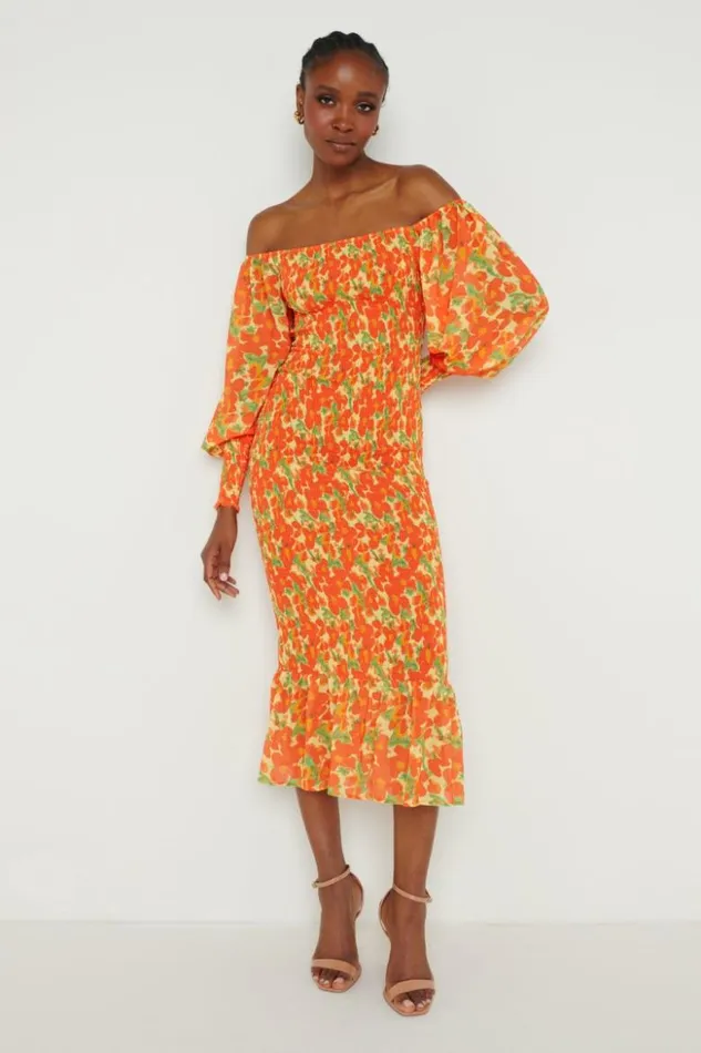 Pretty Lavish Dresses Women Leona Bardot Shirred Midaxi Dress Orange And Yellow Floral