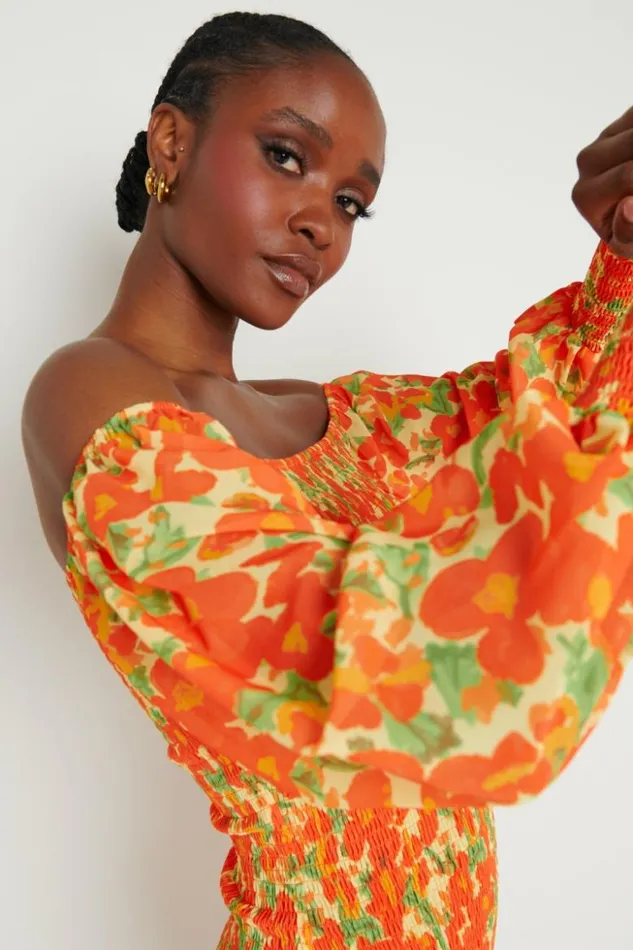 Pretty Lavish Dresses Women Leona Bardot Shirred Midaxi Dress Orange And Yellow Floral