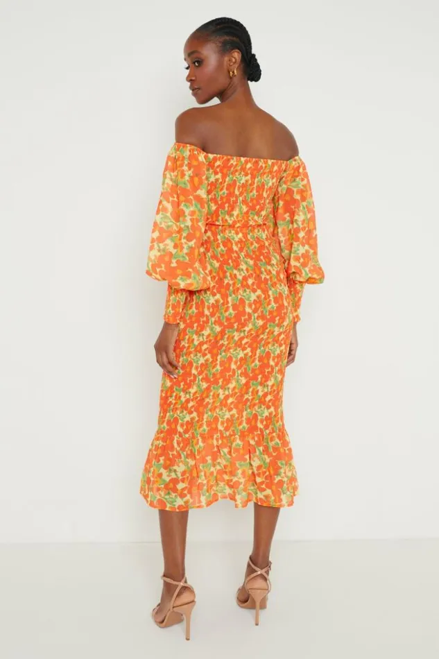 Pretty Lavish Dresses Women Leona Bardot Shirred Midaxi Dress Orange And Yellow Floral