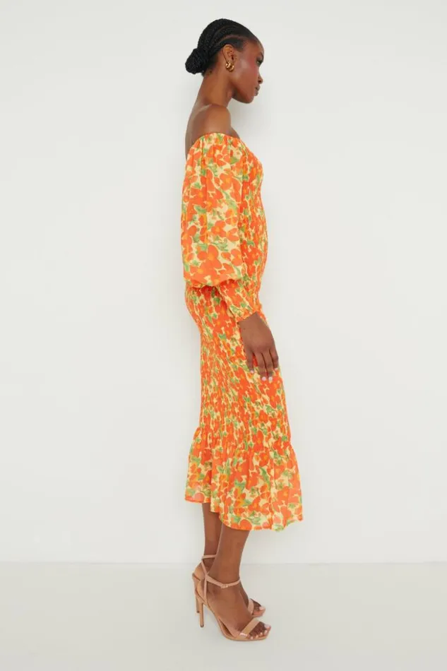 Pretty Lavish Dresses Women Leona Bardot Shirred Midaxi Dress Orange And Yellow Floral