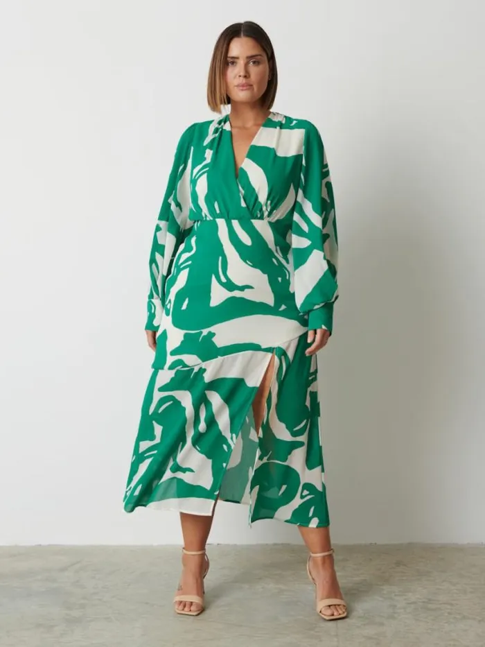 Pretty Lavish Dresses Women Lilianna Backless Balloon Sleeve Printed Dress Curve Green Abstract