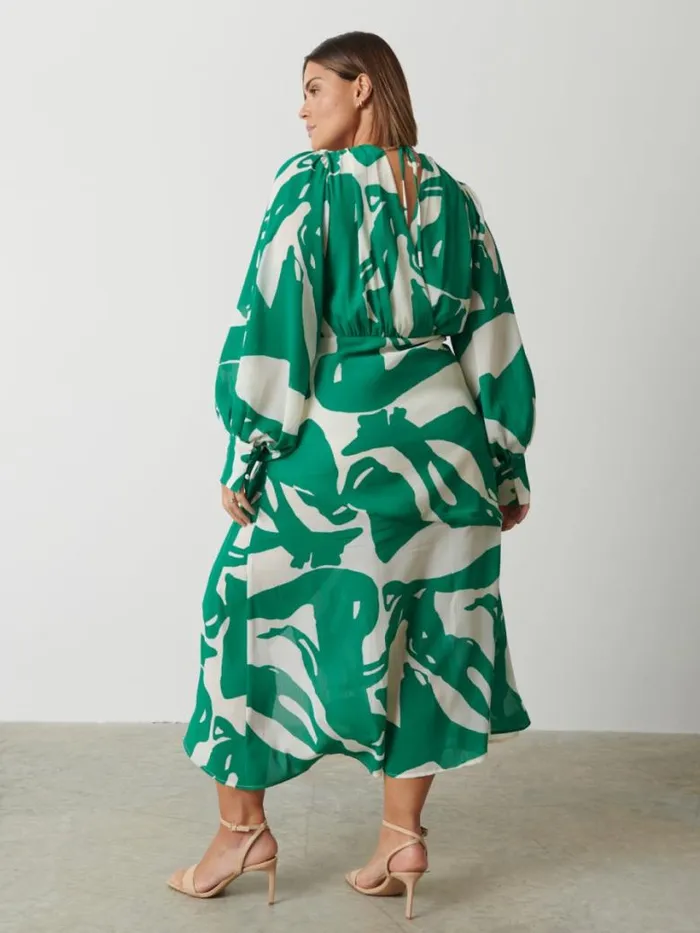 Pretty Lavish Dresses Women Lilianna Backless Balloon Sleeve Printed Dress Curve Green Abstract