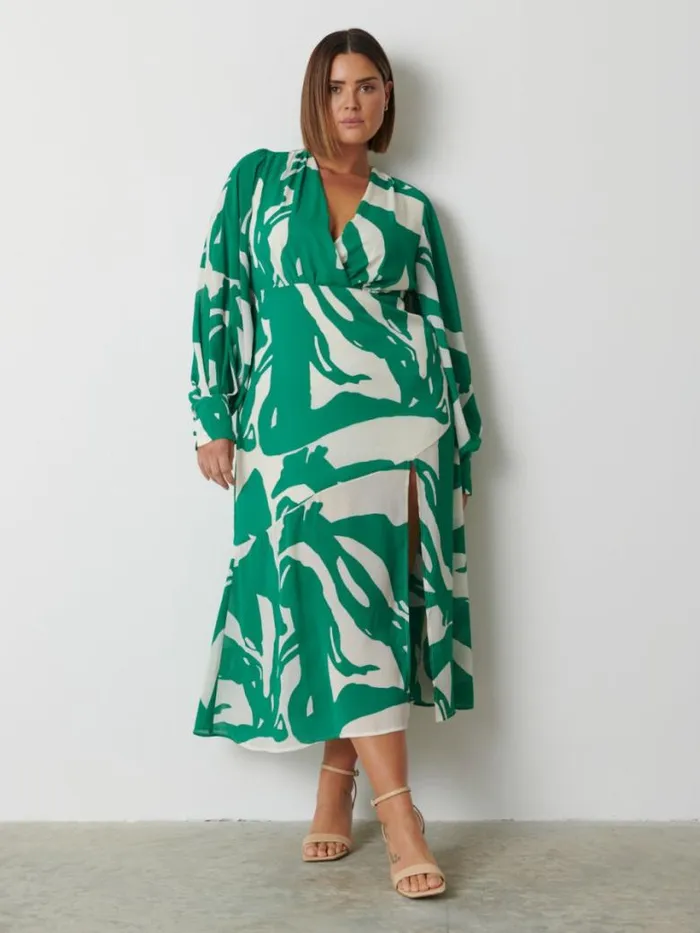 Pretty Lavish Dresses Women Lilianna Backless Balloon Sleeve Printed Dress Curve Green Abstract