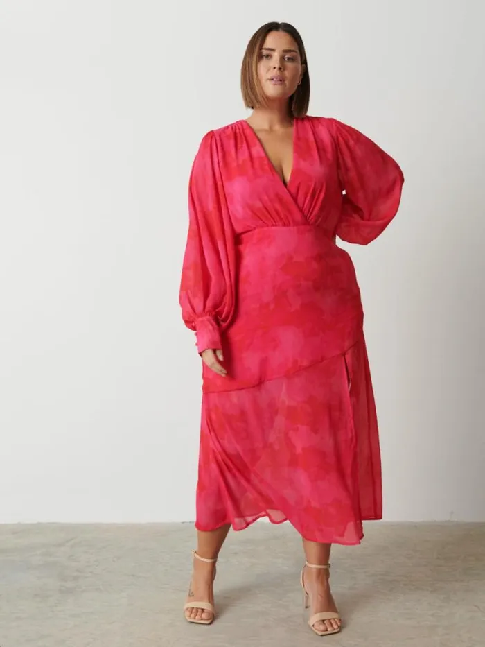 Pretty Lavish Dresses Women Lilianna Backless Balloon Sleeve Printed Dress Curve Pink And Red Watercolour