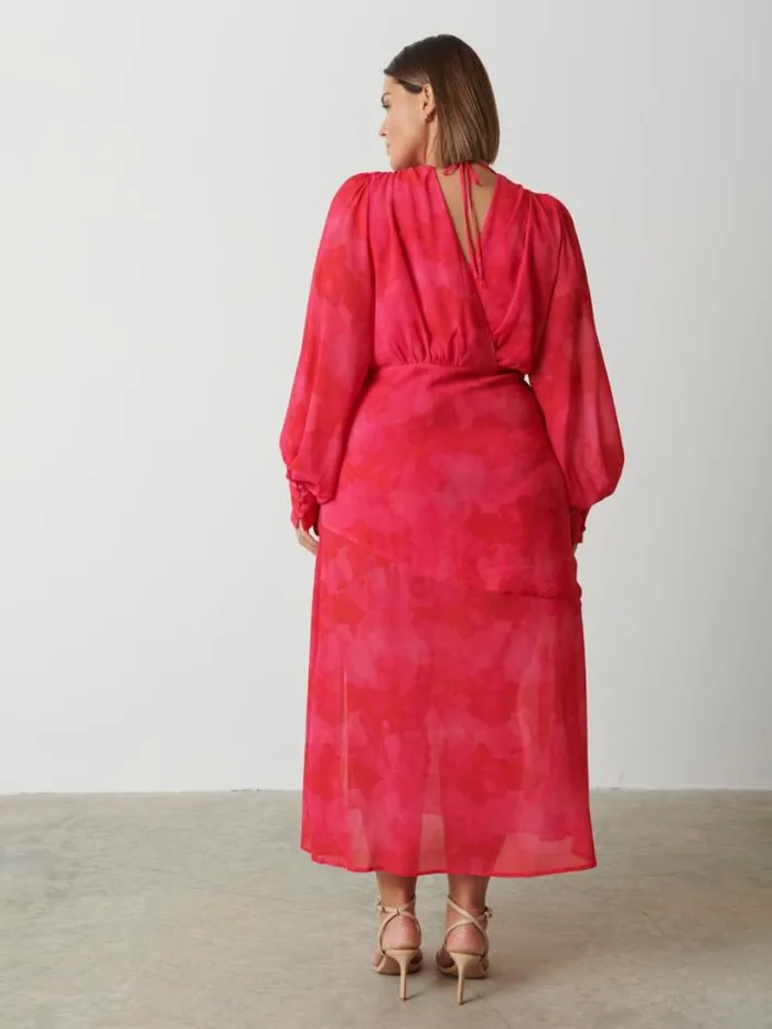 Pretty Lavish Dresses Women Lilianna Backless Balloon Sleeve Printed Dress Curve Pink And Red Watercolour