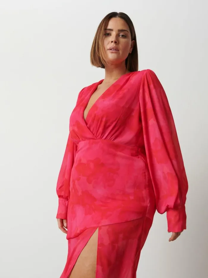 Pretty Lavish Dresses Women Lilianna Backless Balloon Sleeve Printed Dress Curve Pink And Red Watercolour