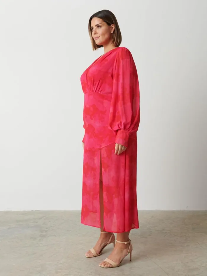 Pretty Lavish Dresses Women Lilianna Backless Balloon Sleeve Printed Dress Curve Pink And Red Watercolour