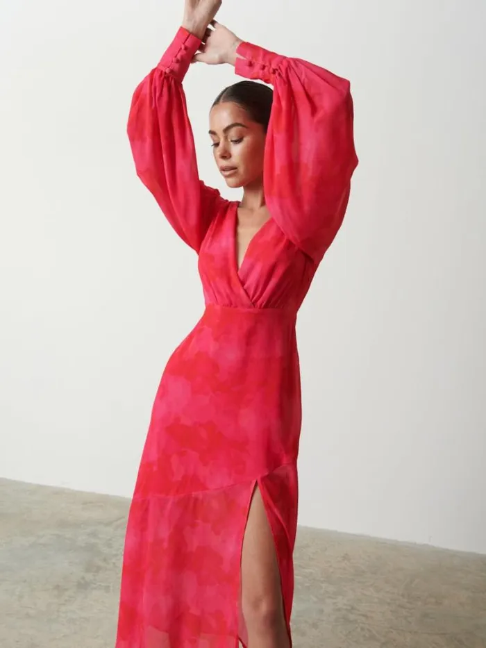 Pretty Lavish Dresses Women Lilianna Backless Balloon Sleeve Printed Dress Pink And Red Watercolour