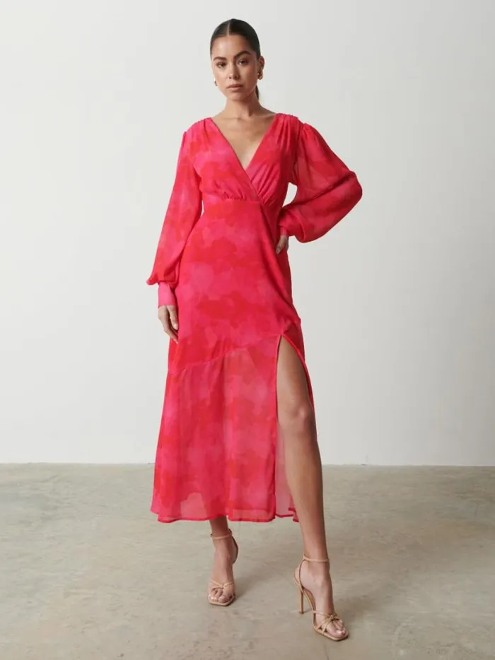 Pretty Lavish Dresses Women Lilianna Backless Balloon Sleeve Printed Dress Pink And Red Watercolour