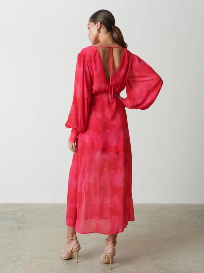 Pretty Lavish Dresses Women Lilianna Backless Balloon Sleeve Printed Dress Pink And Red Watercolour