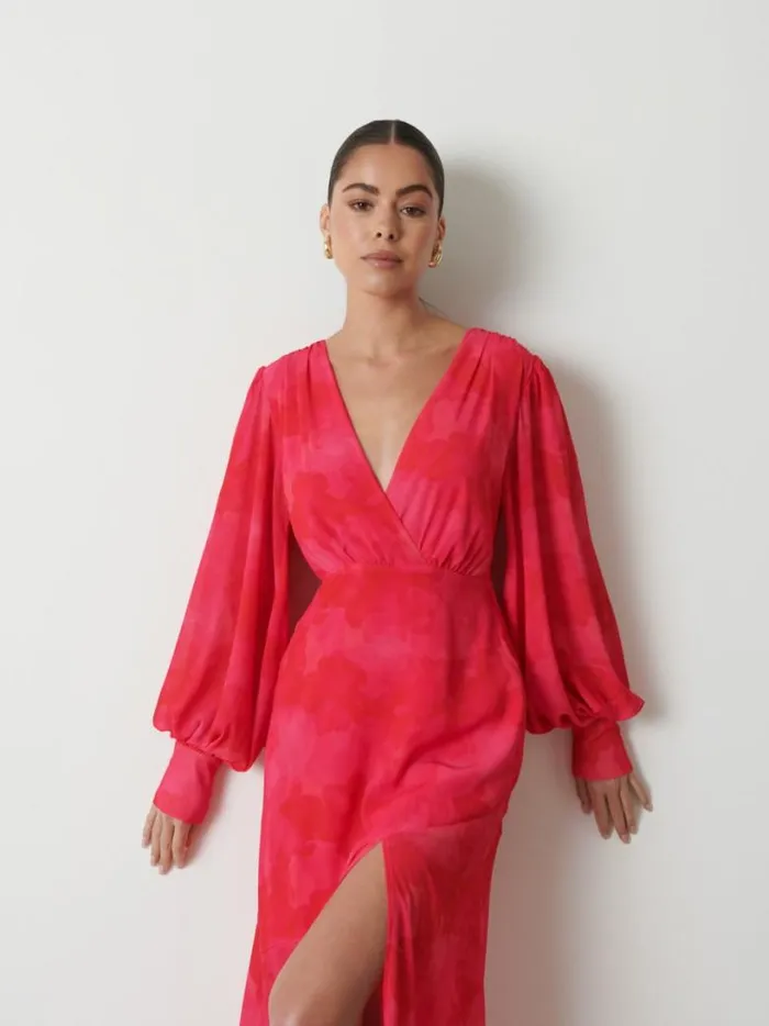 Pretty Lavish Dresses Women Lilianna Backless Balloon Sleeve Printed Dress Pink And Red Watercolour