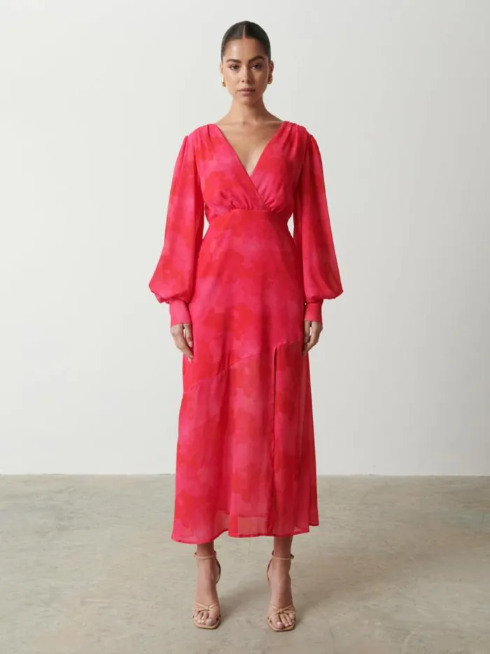 Pretty Lavish Dresses Women Lilianna Backless Balloon Sleeve Printed Dress Pink And Red Watercolour