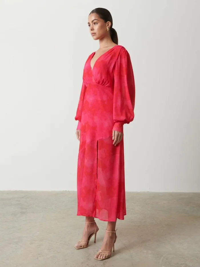 Pretty Lavish Dresses Women Lilianna Backless Balloon Sleeve Printed Dress Pink And Red Watercolour